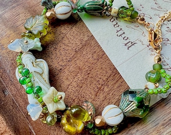 Forest Green Czech Glass Bead Bracelet • Wedding Boho Bracelet • Fairycore Leaf Flower Jewelry • Bridal Green Handmade Bracelet,6-1/2inch