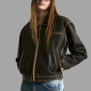 90&#39;s Distressed Brown Leather Jacket | Vintage Oversized Boxy Style | Unique Gift for Her | Perfect Christmas Present