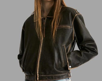 ジャケット・アウター 90s vintage dark brown lether jacket y2k Vintage Distressed Brown Leather Jacket: 90s Y2K Boxy Fit - Etsy