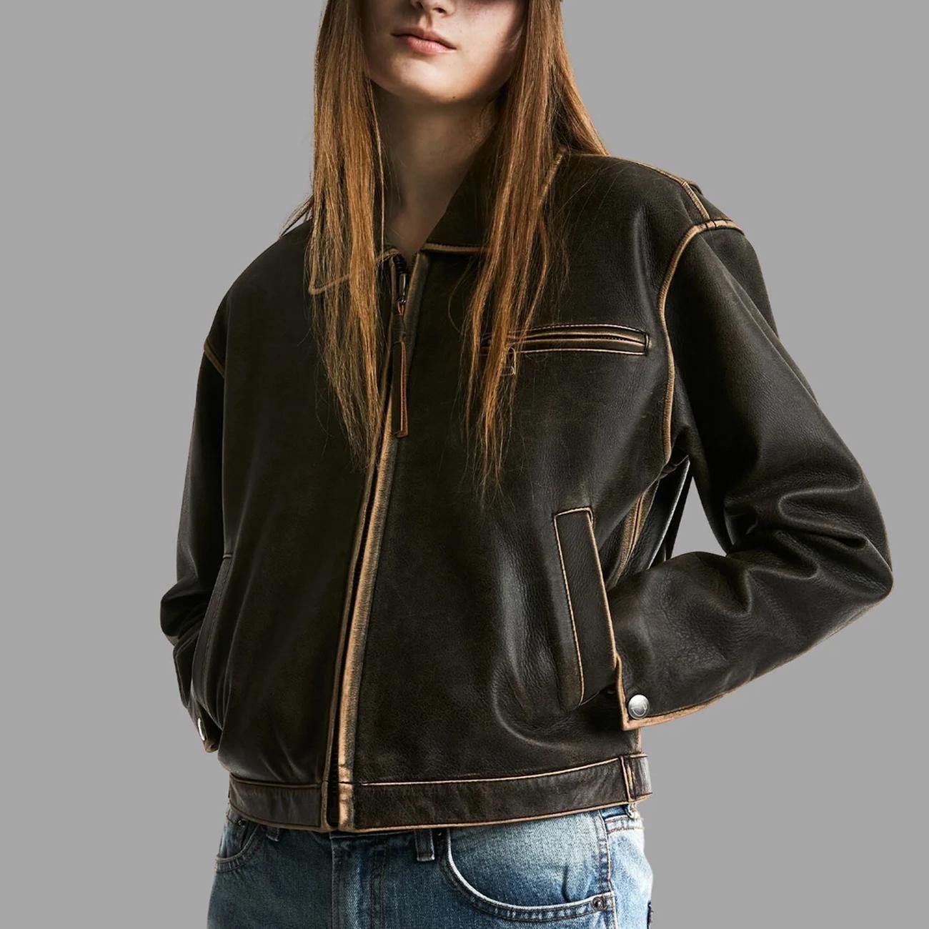 90年代風ヴィンテージ風ブラウンレザージャケット：オーバーサイズ