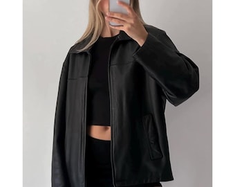 Oversized Black Leather Biker Jacket: Handmade Sheepskin