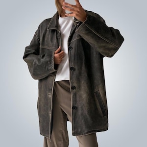 1980s Womens Vintage Brown Distressed Leather Coat, Oversized Handmade Jacket, Retro Casual Gift for Her