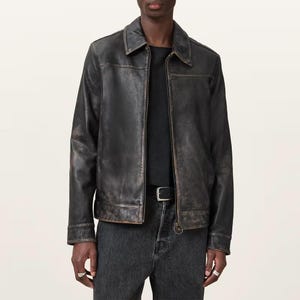 Men&#39;s Two-Tone Sheepskin Leather Moto Jacket - Vintage Style