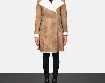 Brown Sheepskin Double Breasted Shearling Coat for Women, Genuine Leather Coat, Handmade Shearling Coat, Women's Double-Breasted Trench