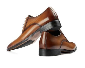 Handmade Cognac Leather Oxford Shoes - Elegant Dress Shoes For Men - Formal Business & Wedding Footwear