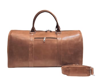 Hand Made Leather Duffel Weekend Travel Bag with Shoe Pouch, Personalized Leather Duffle Flight Bag Hanging Clothes Bag, Groomsmen Gift Bag