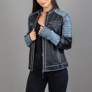 handmade women biker leather jacket, Vintage leather jacket for women, Blue Gray WomenBiker Jacket