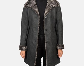 Women's Black Sheepskin Shearling Trench Coat: B3 Bomber Aviator Style