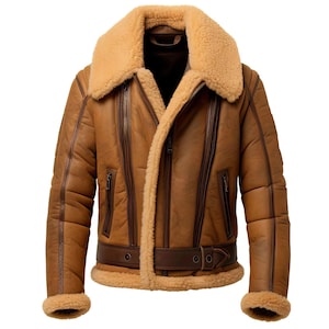Handmade Distressed Brown Sheepskin Leather Bomber Jacket: Fur Lined