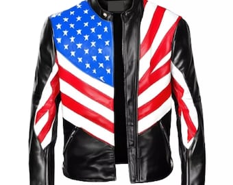 Giacca in pelle fatta a mano con bandiera americana, giacca per il Giorno dell'Indipendenza americana con bandiera USA, giacca da motociclista in vera pelle