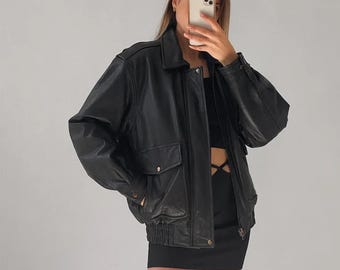 Women Handmade Black Oversized Vintage Bomber Real Leather Jacket | Ladies Oversize Genuine Leather Jacket plus size jacket