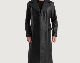 Trench lungo in pelle nera da uomo / Soprabito in stile Matrix gotico / Giacca lunga in vera pelle