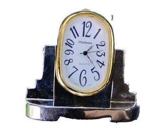 Mini orologio vintage "Platinum" da scrivania, al quarzo, con quadrante color oro/argento e numeri romani.