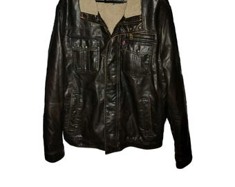 Vintage Levi's XL Jacke Bomber -wie Herren Braun Kunstleder Sherpa-gefütterter Reißverschluss