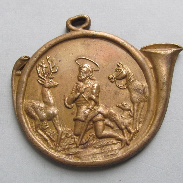 Antique Saint Hubert Religious Medal Holy Stag Catholic Pendant   SS02