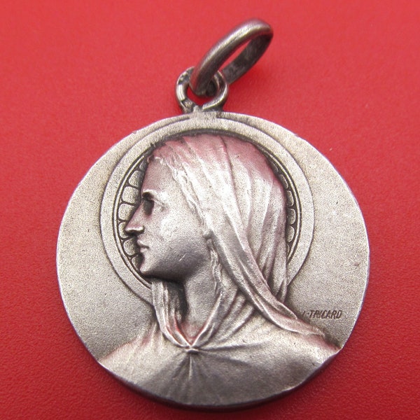 Antique Virgin Mary French Religious Medal Silver  Pendant Signed Tricard     SS223