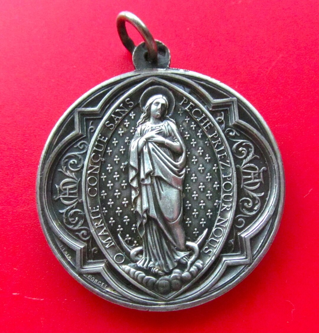 Antique Silver Religious Medal Virgin Mary Immaculate Heart French ...