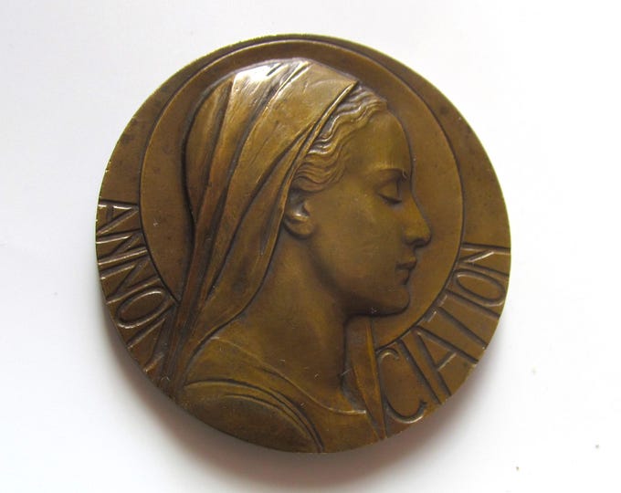 Virgin Mary Antique Religious Medal French Bronze Art Deco Annunciation ...