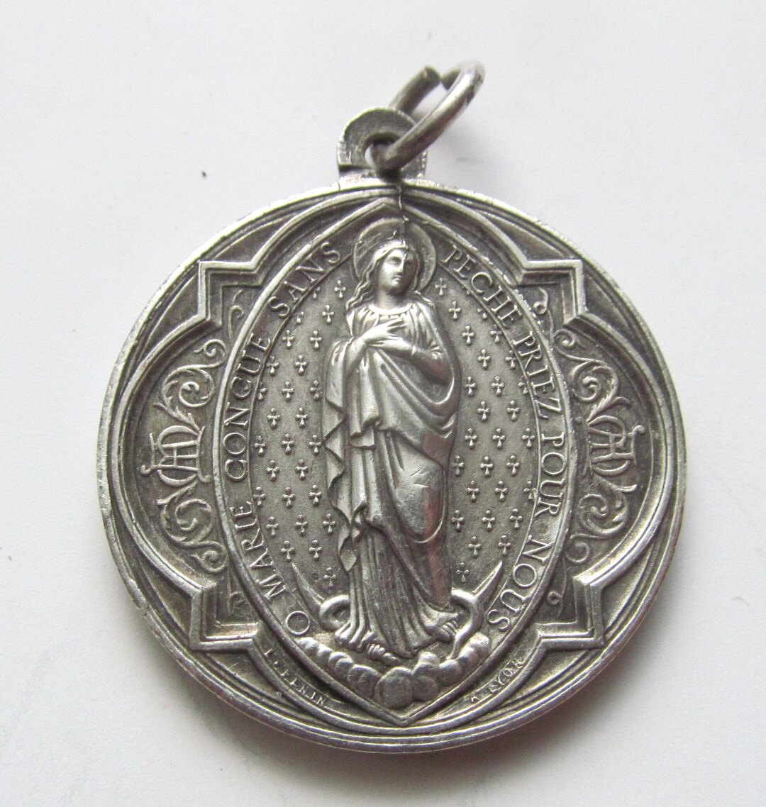 Antique French Virgin Mary Lourdes Religious Medal Sacred Heart of ...