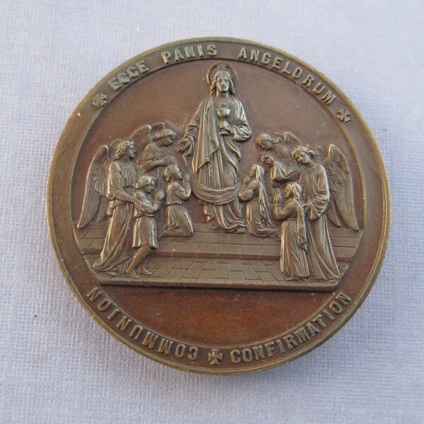 Medalla religiosa antigua 1884 he aquí el pan de los Ángeles francesa comunión confirmación SS-499