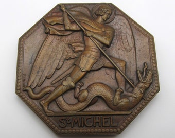 Saint Michael The Archangel Religious Art Medal P Turin French Bronze Art Deco
