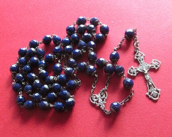 Rosary French Dark Blue Cut Glass Silver Crucifix Centerpiece Antique Catholic Prayer Beads Necklace