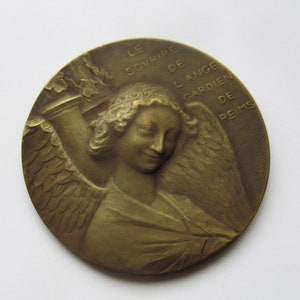 Antique French Bronze Smiling Guardian Angel Of Reims Religious Art Medal Signed Yencesse