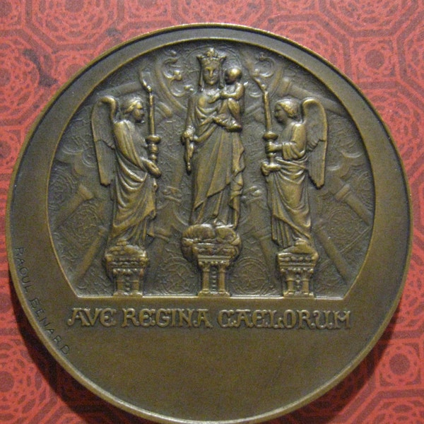 Medalla religiosa Vintage Salve Reina de cielo/Notre Dame de París Catedral francesa arte medalla Benard