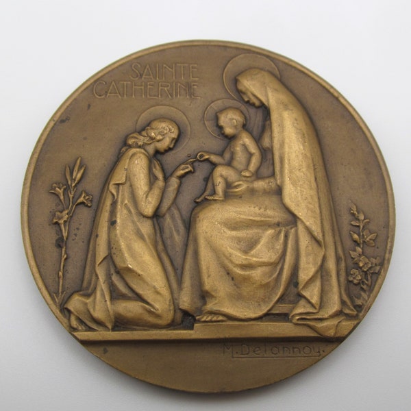 Médaille d'Art Religieux Sainte Catherine Antique Français Art Déco Bronze Par Delannoy