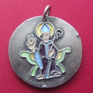 Vintage Saint Claude Religious Medal French Silver and Enamel By Elie Pellegrin Pendant SS196