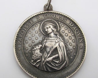 Saint Agnes With A Lamb Silver Religious Medal Antique Virgin Mary French Catholic Pendant Jewelry  SS08