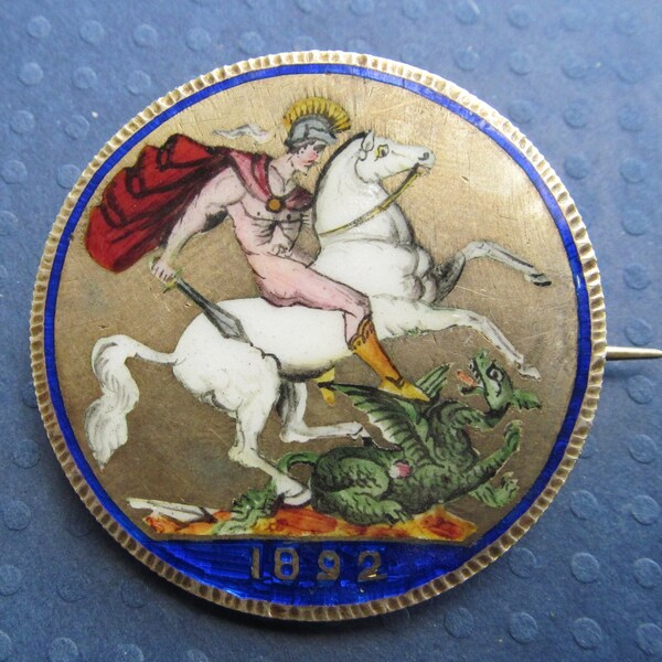 Antique Queen Victoria Silver Enamel Saint George Slaying Dragon Coin Brooch Pin Jewelry