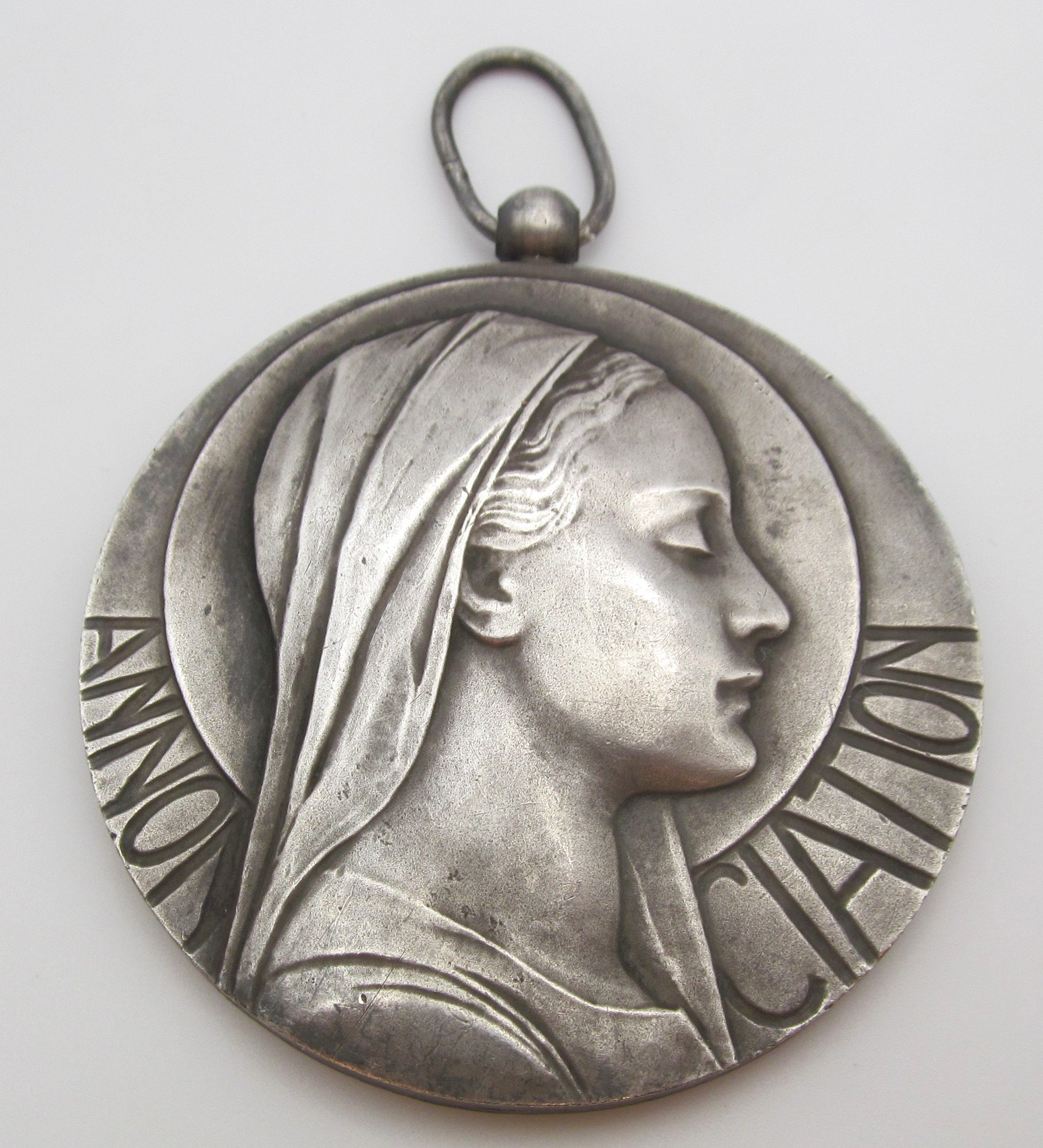 Virgin Mary Antique Religious Medal French Bronze Art Deco Annunciation ...