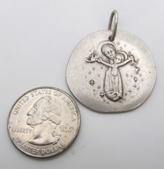Virgin Mary Jesus Vintage Modernist French Silver Ma… - Gem