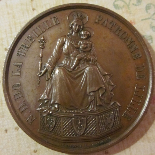Virgin Mary Madonna And Child Religious Medal Antique French Notre Dame De La Treille   SS-213