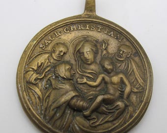 Holy Family Madonna Mary Jesus Antique Religious Medal Saint John Of The Cross  Pendant Circa 1700  SS529