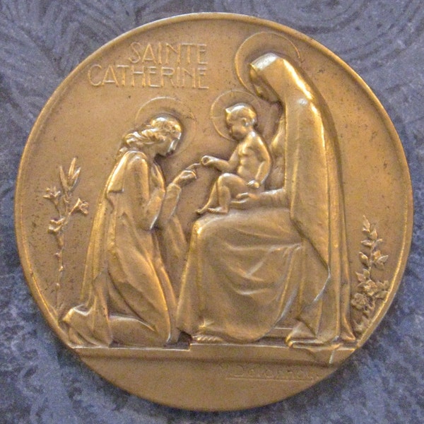 Antique Religious Medal French Art Deco Saint Catherine By Delannoy