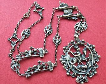 Saint George And The Dragon Italian Antique Religious Necklace Jewelry Ornate Chain  SS233