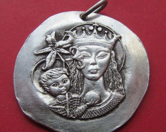 Virgin Mary Vintage Religious Medal Modernist French Silver Madonna and ...