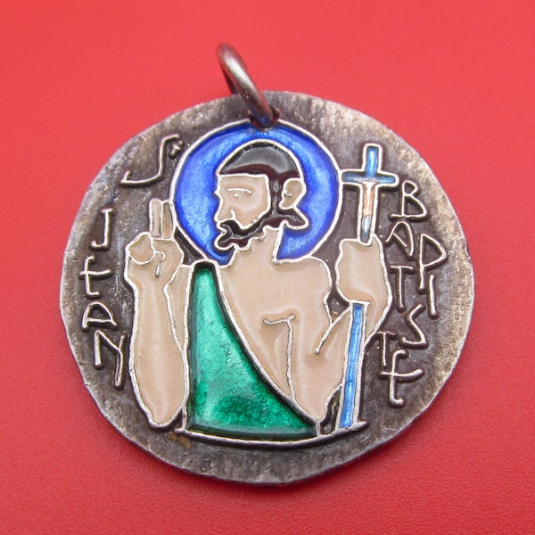 Vintage Saint John The Baptist Religious Medal French Silver and Enamel By Elie Pellegrin Pendant SS461