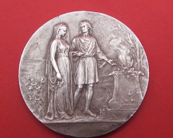 Art Nouveau Français Argent Mariage Antique Médaille Religieuse Signée Dropsy Datée 1911 SS545