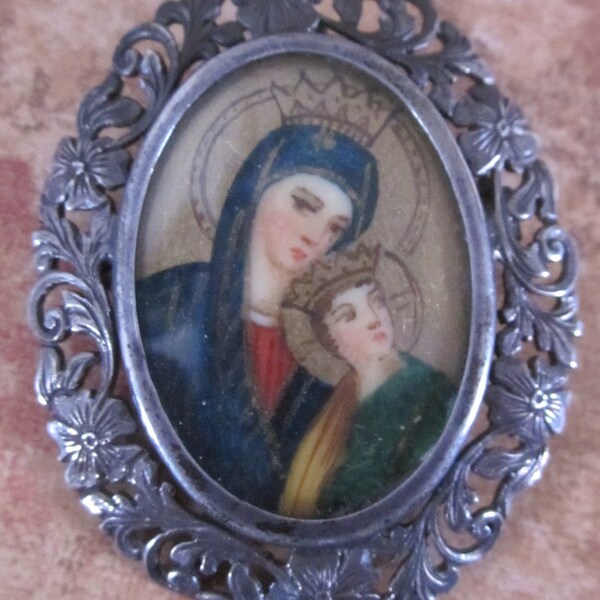 Antique Madonna And Child  Brooch Hand Painted Miniature in 800 Silver