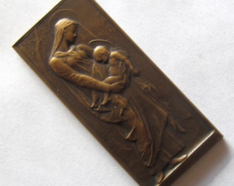 Antique Religious Medal Virgin Mary and Child Jesus French Bronze Art Medal by Daniel Dupuis Circa 1898     SS-276