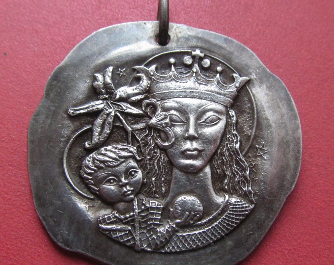 Virgin Mary Vintage Religious Medal Modernist French Silver Madonna and ...