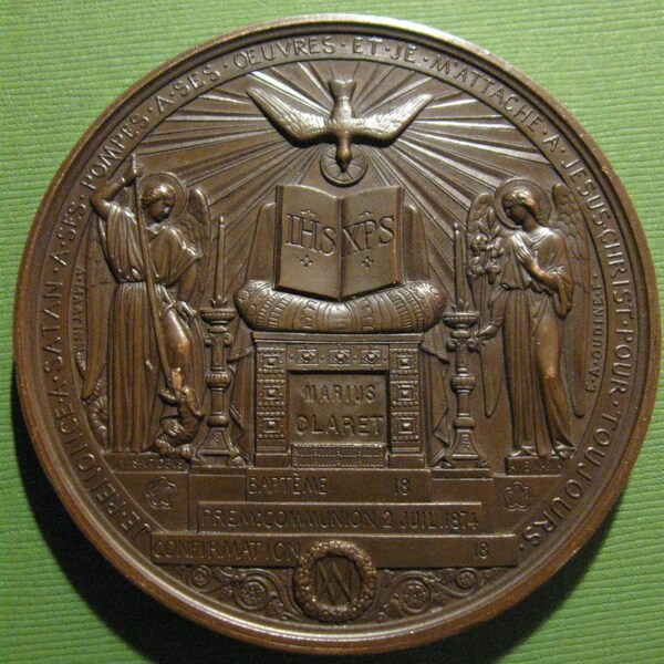 1874 First Communion Huge Copper Religious Medallion