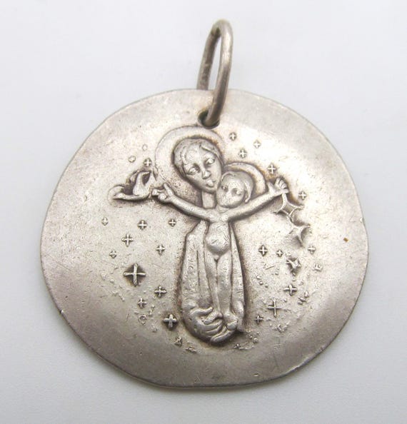 Virgin Mary Jesus Vintage Modernist French Silver Ma… - Gem