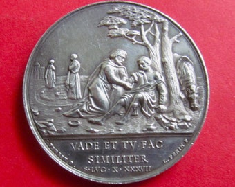 Good Samaritan French Silver Antique Religious Medal Signed Penin Luke 10:37  SS58