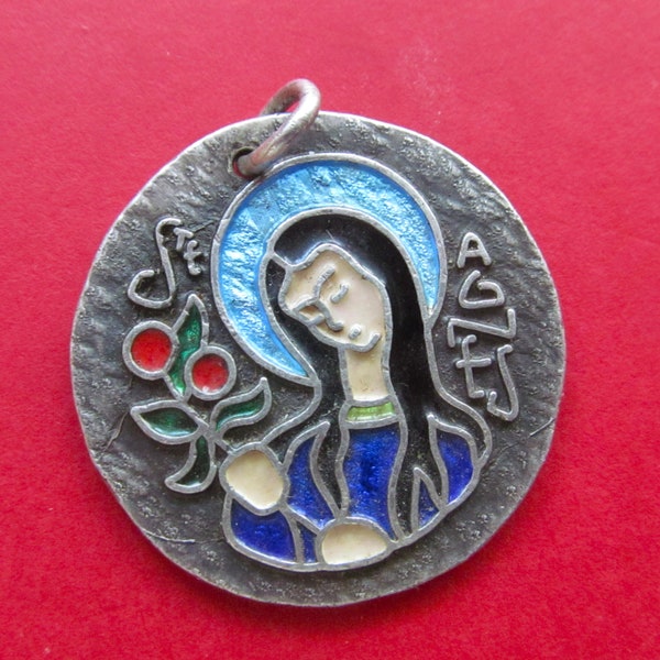 Silver and Enamel French Vintage Saint Agnes Religious Medal By Elie Pellegrin SS465