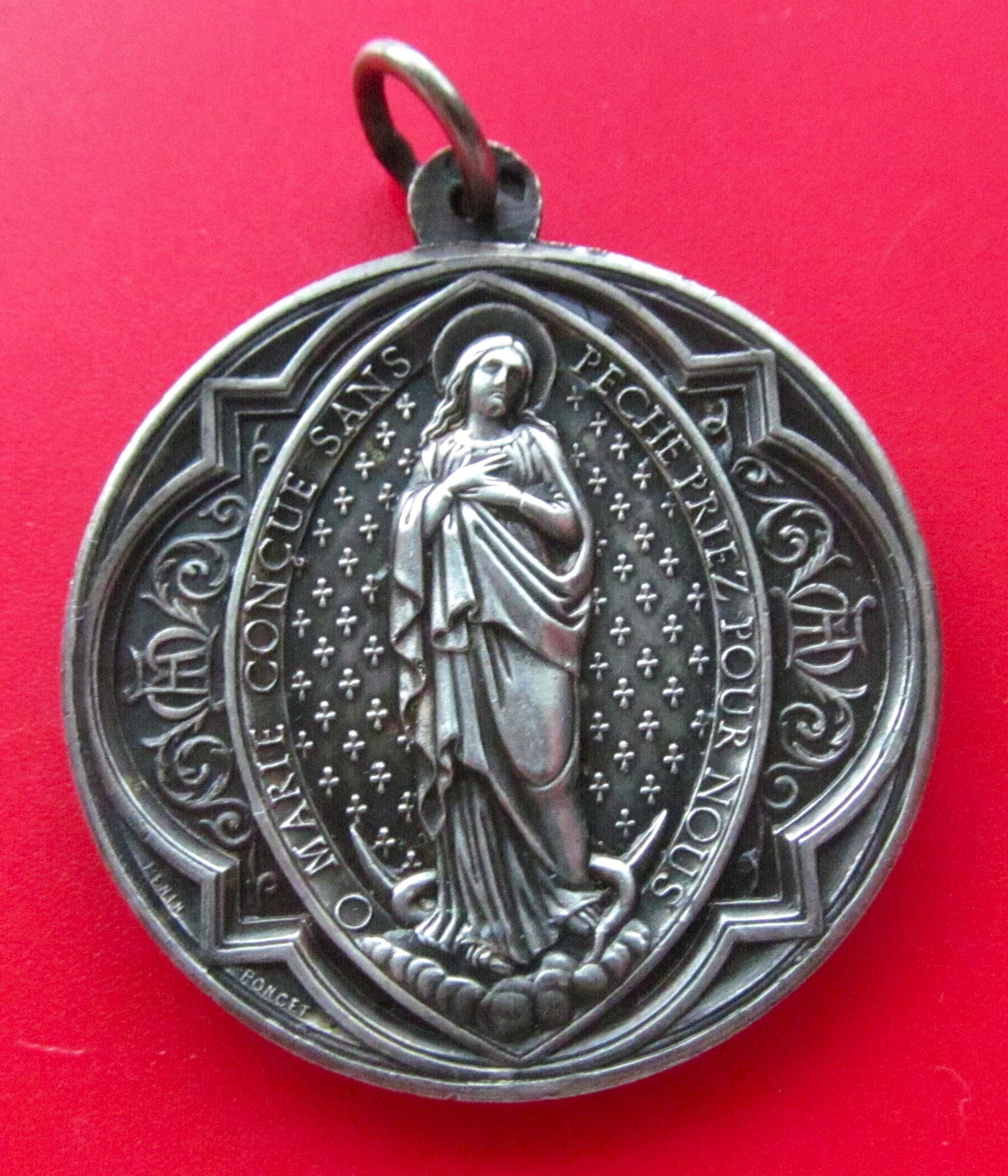 Antique Silver Religious Medal Virgin Mary Immaculate Heart French ...