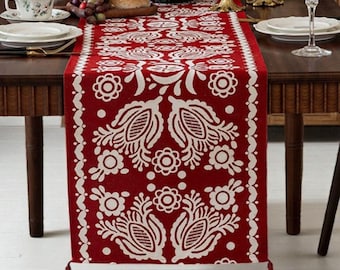 Embroidered Christmas Table Runner – Red Floral Tweed Holiday Decor with Tassels